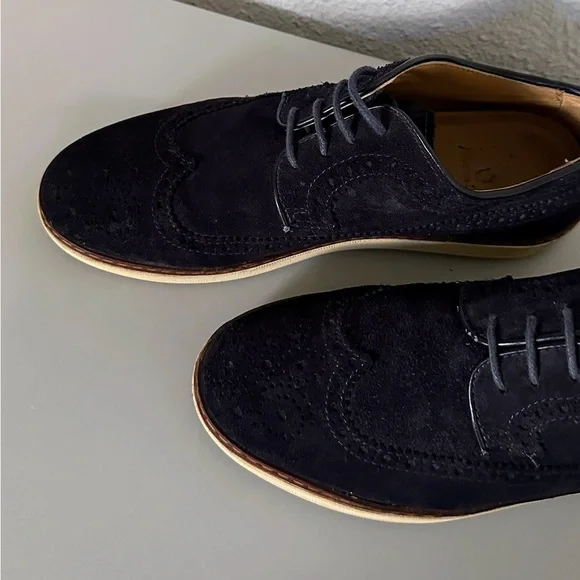 Men's MASSIMO DUTTI Suede Wingtip Oxford Shoes Lace-Up Perforated Loafer‎ Navy